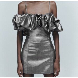 Zara Dark silver metallic‎ Voluminous mini cocktail dress sz L